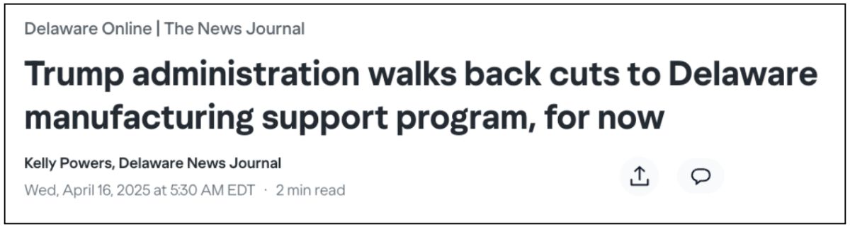 Headline: Trump administration walks back cuts to Delaware manufacturing support program, for now