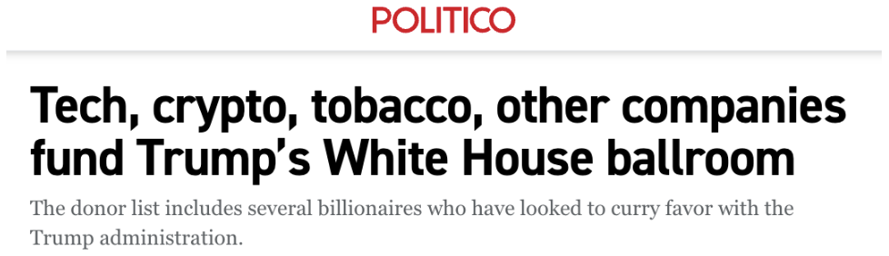 Politico: Tech, crypto, tobacco, other companies fund Trump's White House ballroom