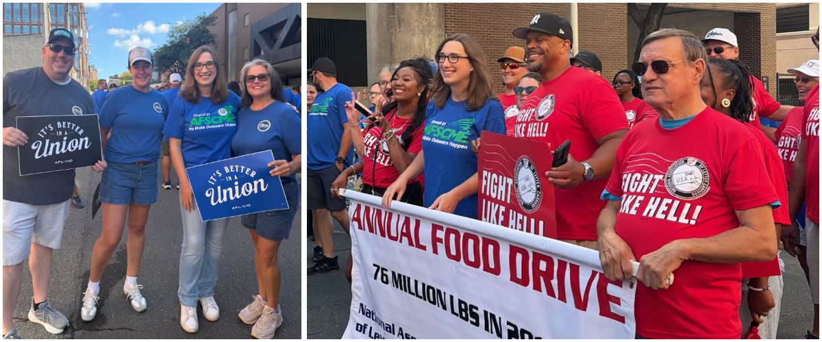 Two photos of Sarah McBride standing with participants in the Labor Day event.